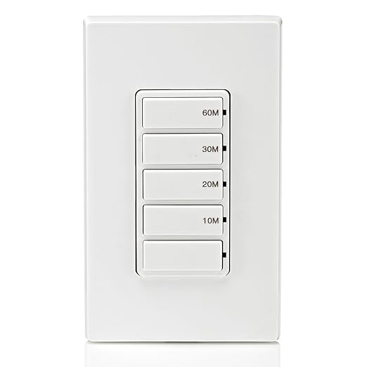 Leviton Countdown Timer Switch for bathroom fan and household lights, 10-20-30-60 min, No Neutral Required, Single Pole, 15A, 1/2HP/9.8A Fan/Motor, DT160-1LW, White