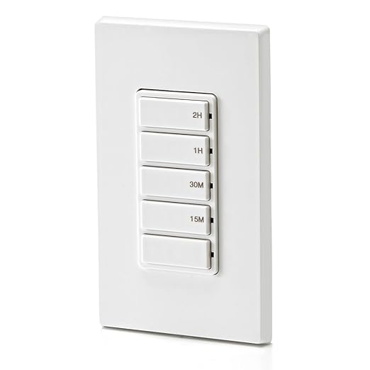 Leviton Countdown Timer Switch for household lights and exhaust fans, 15-30 min, 1-2 hour, No Neutral Wire Required, Single Pole, 15A, 1/2HP/9.8A Fan/Motor, DT102-1LW, White