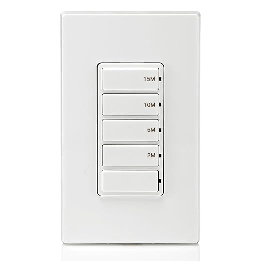 Leviton Countdown Timer Switch for bathroom fan and household lights, 2-5-10-15 min, No Neutral Required, Single Pole, 15A, 1/2 HP/9.8A Fan/Motor, DT115-1LW, White