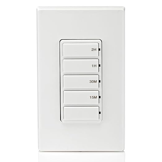 Leviton Countdown Timer Switch for household lights and exhaust fans, 15-30 min, 1-2 hour, No Neutral Wire Required, Single Pole, 15A, 1/2HP/9.8A Fan/Motor, DT102-1LW, White