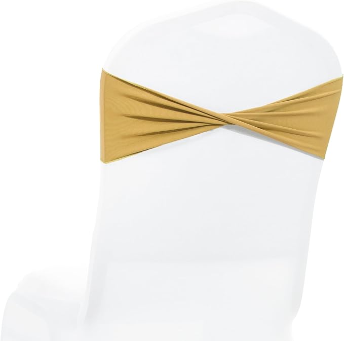 MDS Pack of 50 Spandex Chair Sashes Bows Elastic Stretch Dining Chair Bands Ties Without Slider Buckle Universal fits for Wedding Baby Shower Birthday Party Banquet Event Decoration - Gold