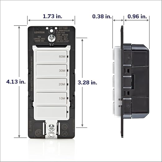 Leviton Countdown Timer Switch for bathroom fan and household lights, 10-20-30-60 min, No Neutral Required, Single Pole, 15A, 1/2HP/9.8A Fan/Motor, DT160-1LW, White