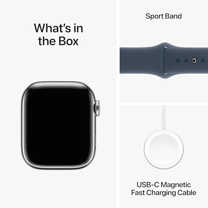 Apple Watch Series 9 [GPS + Cellular 41mm] Smartwatch with Silver Stainless Steel Case with Storm Blue Sport Band M/L. Fitness Tracker, ECG Apps, Always-On Retina Display