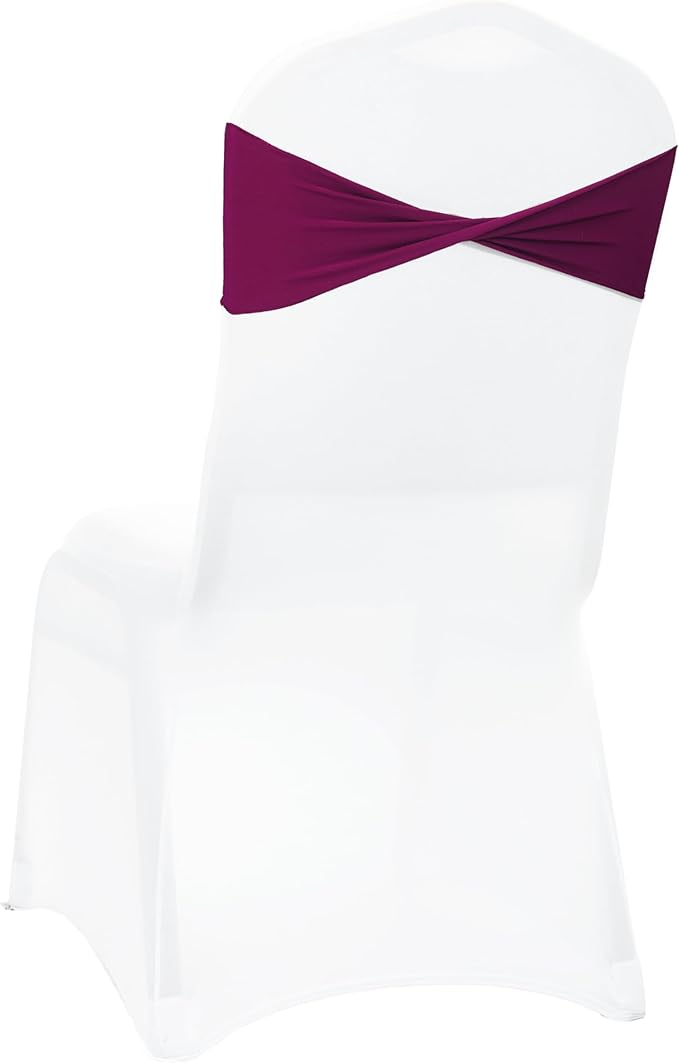 MDS Pack of 150 Spandex Chair Sashes Bows Elastic Stretch Dining Chair Bands Ties Without Slider Buckle Universal fits for Wedding Baby Shower Birthday Party Banquet Event Decoration - Eggplant