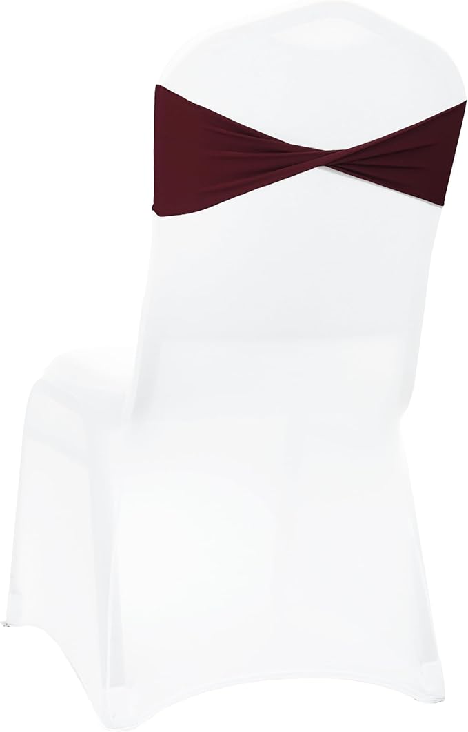 MDS Pack of 10 Spandex Chair Sashes Bows Elastic Stretch Dining Chair Bands Ties Without Slider Buckle Universal fits for Wedding Baby Shower Birthday Party Banquet Event Decoration - Burgundy
