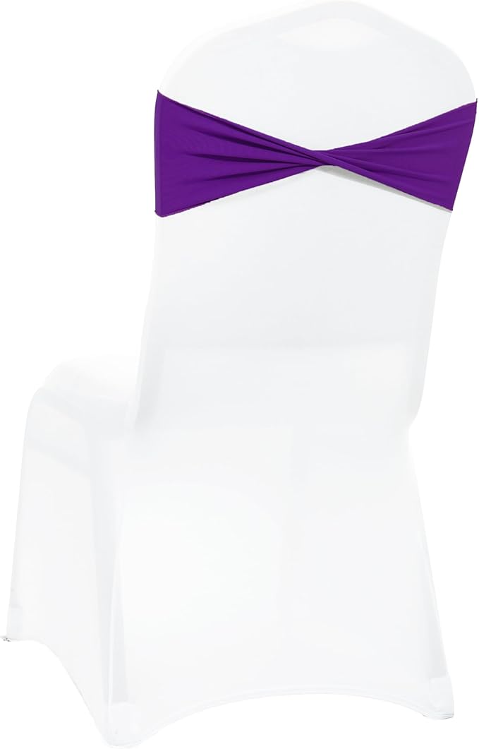 MDS Pack of 25 Spandex Chair Sashes Bows Elastic Stretch Dining Chair Bands Ties Without Slider Buckle Universal fits for Wedding Baby Shower Birthday Party Banquet Event Decoration - Purple