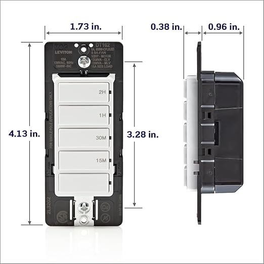 Leviton Countdown Timer Switch for household lights and exhaust fans, 15-30 min, 1-2 hour, No Neutral Wire Required, Single Pole, 15A, 1/2HP/9.8A Fan/Motor, DT102-1LW, White