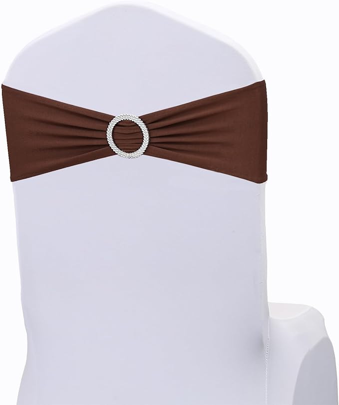 Brown Chair Sashes Bows - 50PCS Stretch Spandex Chair Sashes Bands with Buckles Slider Universal Elastic Chair Ties for Wedding Party Banquet Baby Shower Events Decoration