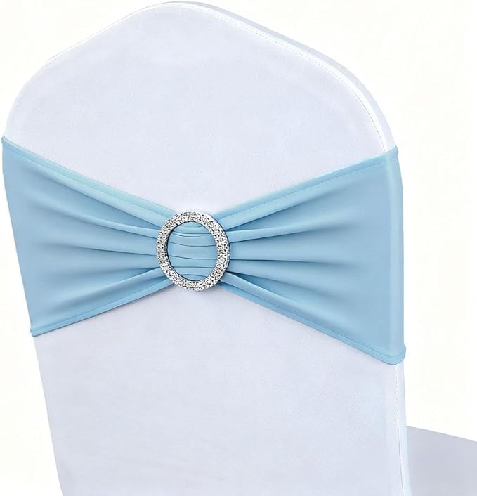 50 Pack Baby Blue Chair Sashes, Blue Spandex Chair Bands for Wedding Gender Reveal Party Decor, Baby Blue Bows for Folding Chairs