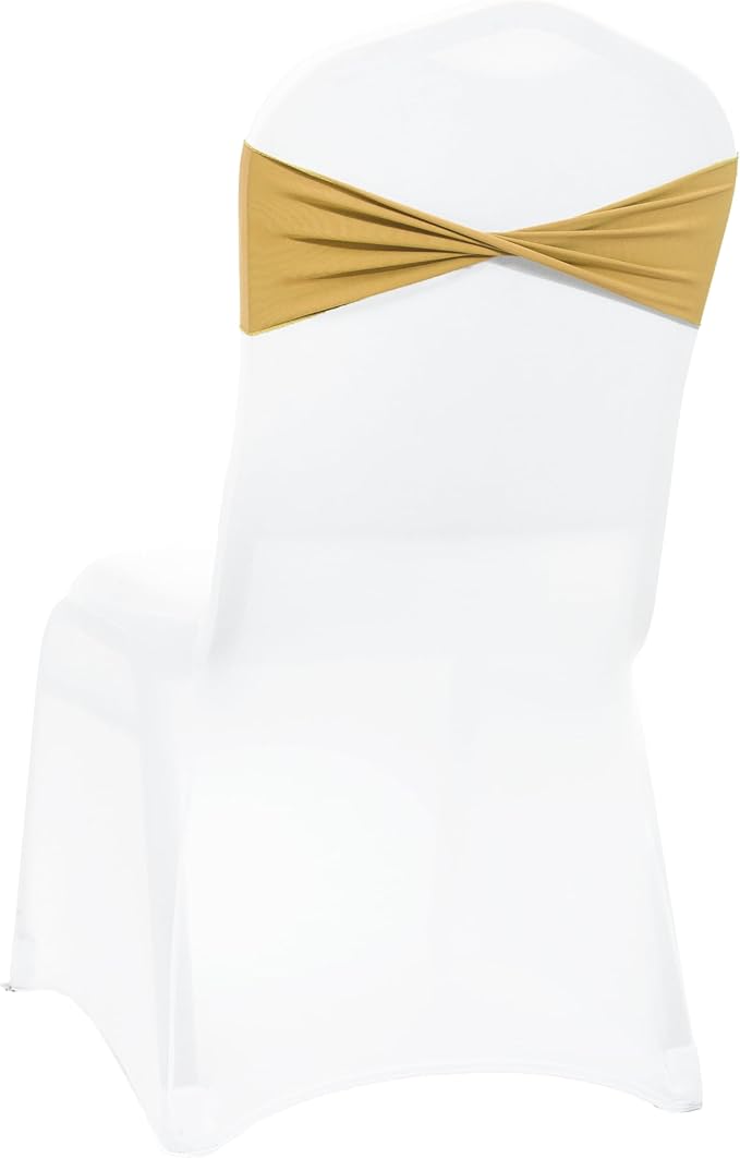 MDS Pack of 50 Spandex Chair Sashes Bows Elastic Stretch Dining Chair Bands Ties Without Slider Buckle Universal fits for Wedding Baby Shower Birthday Party Banquet Event Decoration - Gold