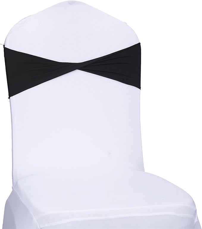 MDS Pack of 75 Spandex Chair Sashes Bows Elastic Stretch Dining Chair Bands Ties Without Slider Buckle Universal fits for Wedding Baby Shower Birthday Party Banquet Event Decoration - Black