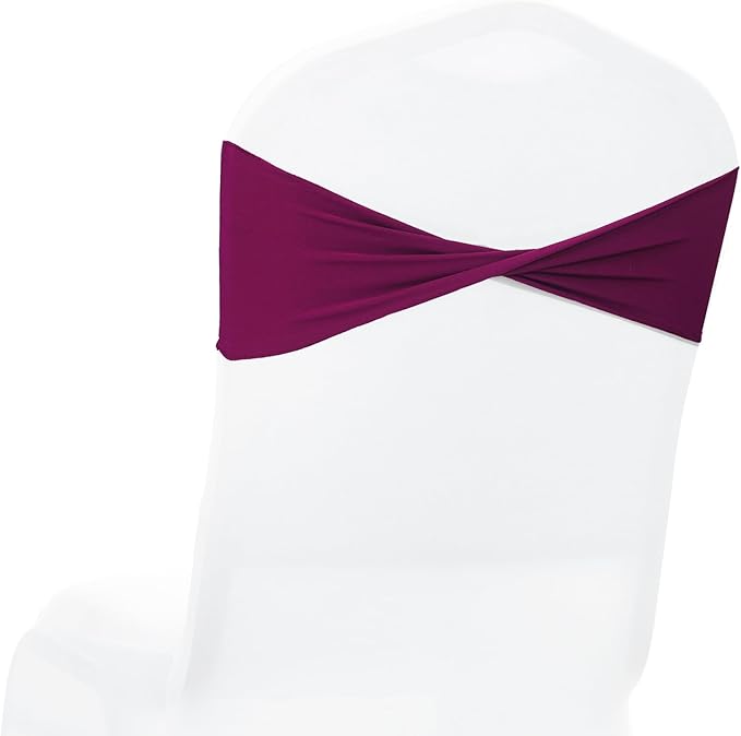 MDS Pack of 10 Spandex Chair Sashes Bows Elastic Stretch Dining Chair Bands Ties Without Slider Buckle Universal fits for Wedding Baby Shower Birthday Party Banquet Event Decoration - Eggplant