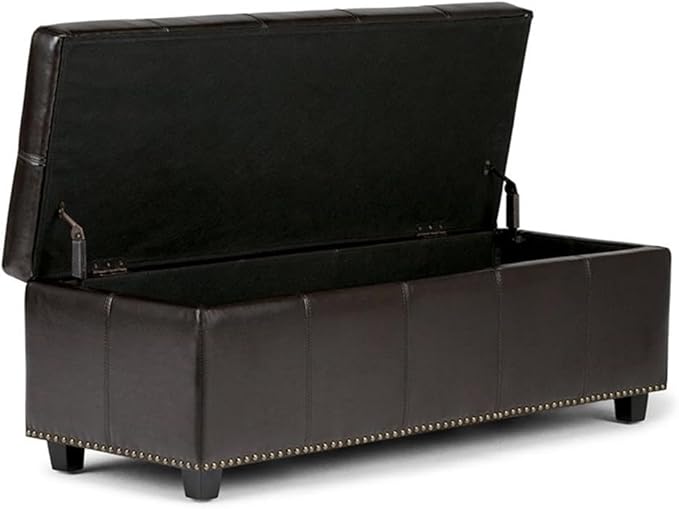 SIMPLIHOME Kingsley 48 inch Wide Transitional Rectangle Large Storage Ottoman in Coffee Brown Vegan Faux Leather, Assembled, For the Living Room, Entryway and Family Room