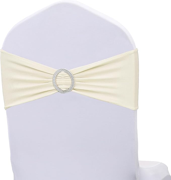 Stretch Spandex Ivory Chair Sashes Bows 50 Pack Universal Chair Bands with Silver Buckle for Wedding Party Engagement Banquets Bridal Shower Events Decorations