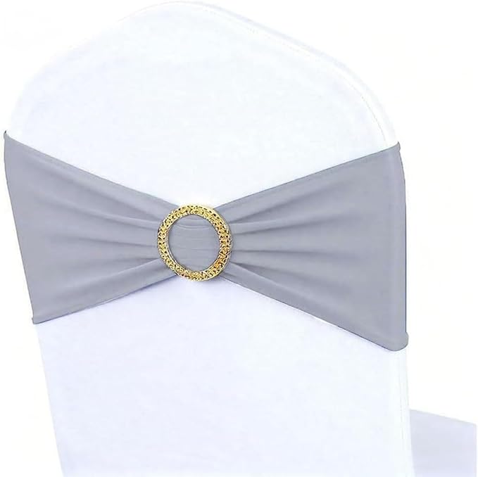 50 Pack Grey Chair Sashes with Gold Buckle Slider, Spandex Silver Chair Bands Bows for Folding Chairs Wedding Party Banquet Decor
