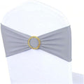 50 Pack Grey Chair Sashes with Gold Buckle Slider, Spandex Silver Chair Bands Bows for Folding Chairs Wedding Party Banquet Decor