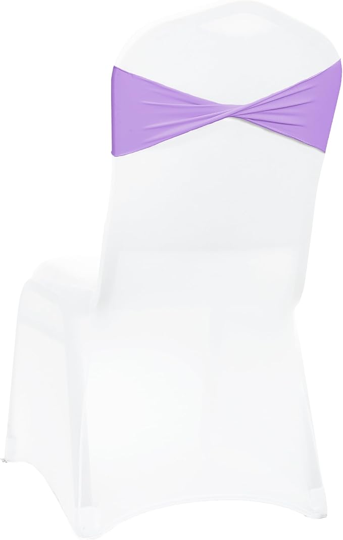 MDS Pack of 100 Spandex Chair Sashes Bows Elastic Stretch Dining Chair Bands Ties Without Slider Buckle Universal fits for Wedding Baby Shower Birthday Party Banquet Event Decoration - Lavender