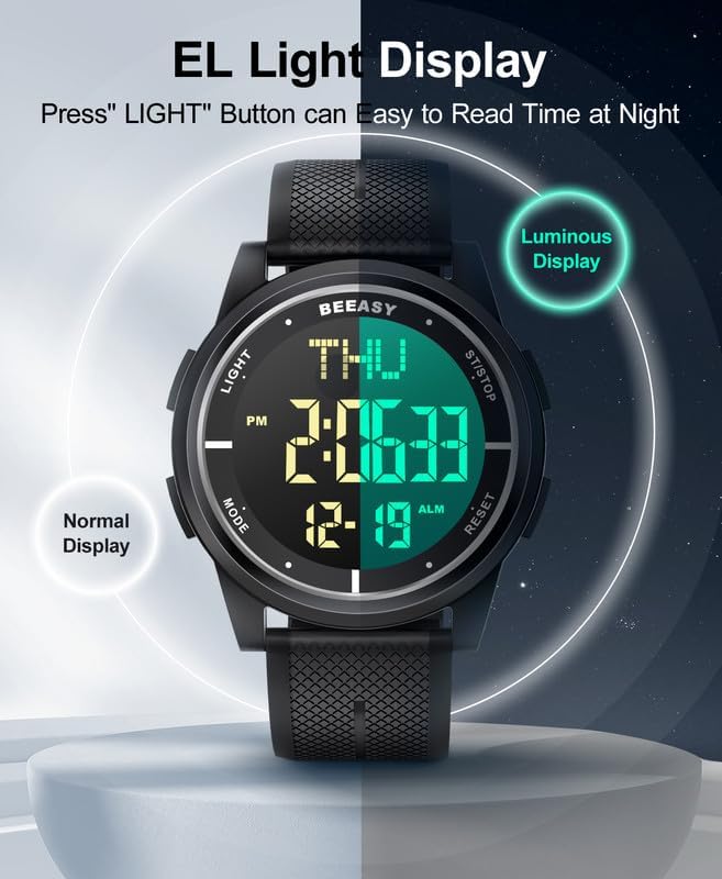 Beeasy Digital Watch for Men Women, 50M Waterproof, Ultra-Thin & Lightweight, 44mm Silicone Sports Watch with Alarm, Stopwatch, Countdown, Ideal for Gym, Running, School, Daily Wear