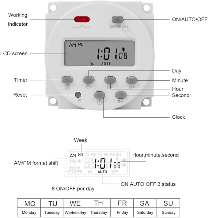 CN101S 1 Second Interval 110V Digital LCD Timer Switch 7 Days Weekly Practical Programmable Time Relay Programmer