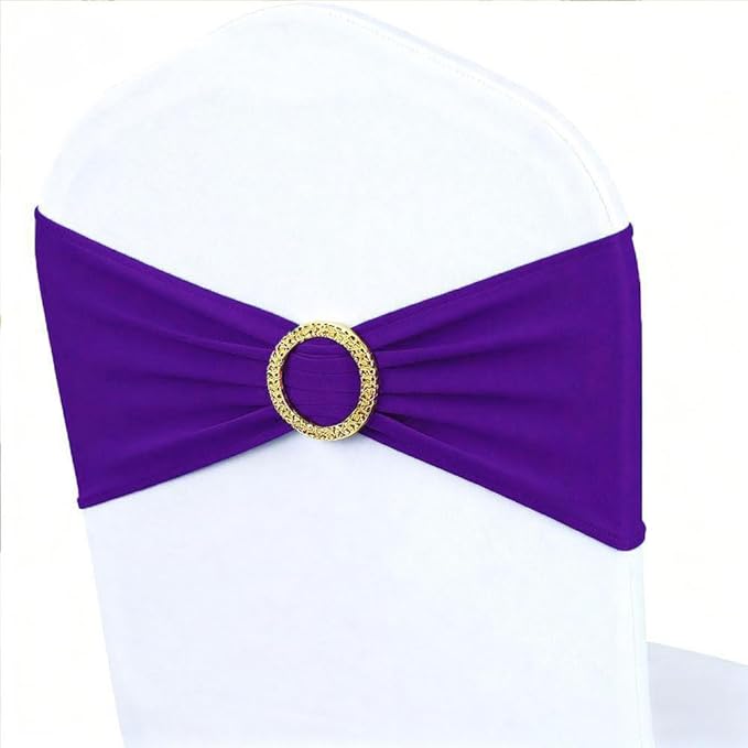 Purple Chair Sashes 50 Pack with Gold Buckle Slider, Spandex Chair Bows Bands for Folding Chairs Wedding Party Birthday Décor
