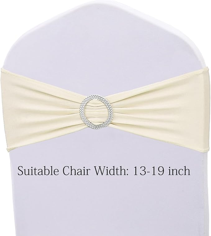 Stretch Spandex Ivory Chair Sashes Bows 50 Pack Universal Chair Bands with Silver Buckle for Wedding Party Engagement Banquets Bridal Shower Events Decorations