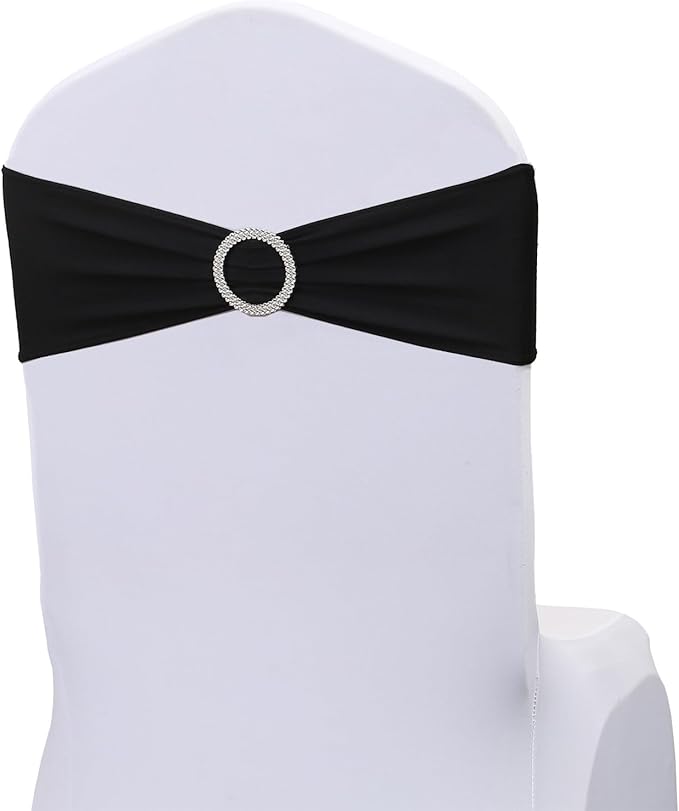 Spandex Black Chair Sashes Bows 50 PCS Stretch Chair Bands with Buckles Slider Universal Elastic Chairs Ties for Wedding Party Banquet Anniversary Meeting Events Decoration