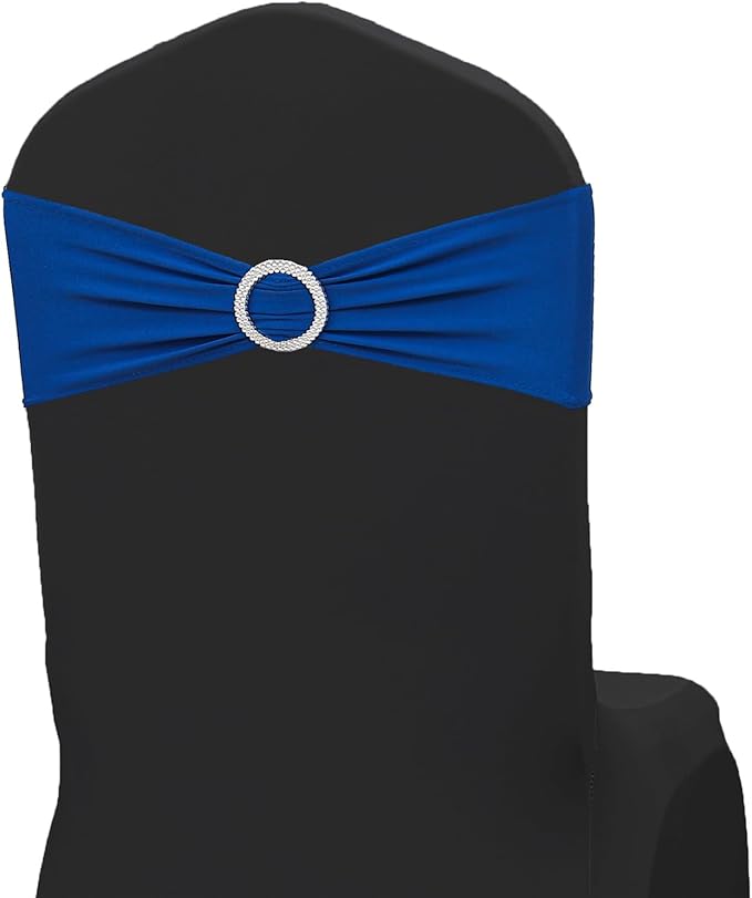 Spandex Royal Blue Chair Sashes Bows 50 Pack Stretch Chair Bands with Buckles Slider Chair Ties for Wedding Anniversary Party Birthday Engagement Banquet Baby Shower Events Decor