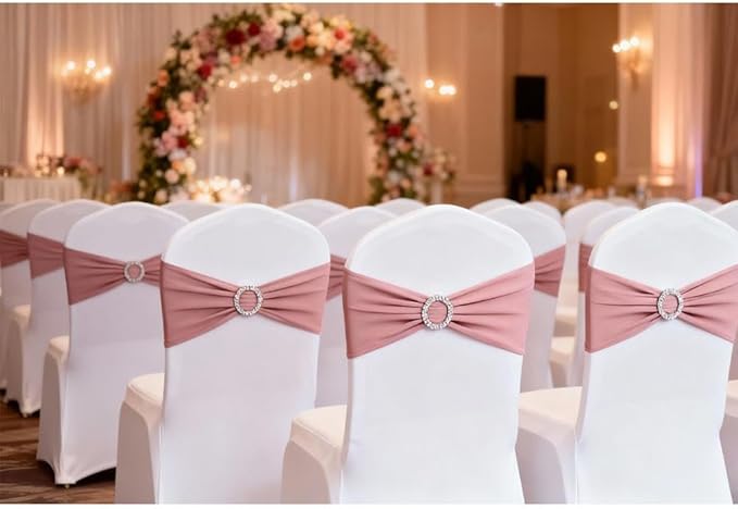 Dusty Rose Chair Sashes Bows 50 Pack, Spandex Dusty Rose Chair Bands for Folding Chairs, Dusty Pink Sashes for Chairs, Wedding Birthday Decorations