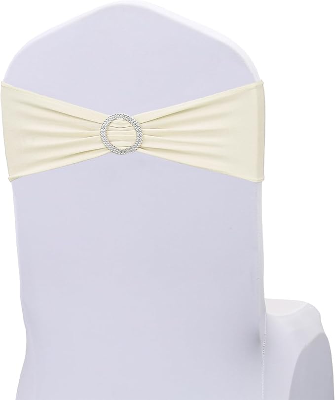 Stretch Spandex Ivory Chair Sashes Bows 50 Pack Universal Chair Bands with Silver Buckle for Wedding Party Engagement Banquets Bridal Shower Events Decorations