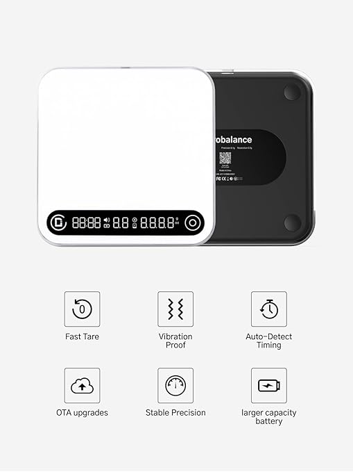 Coffee Scale with Timer and Flow Rate Tracking, 0.1g Precision, 2kg Capacity, Rechargeable, Smart App Compatible, Ideal for Espresso and Pour Over Brewing