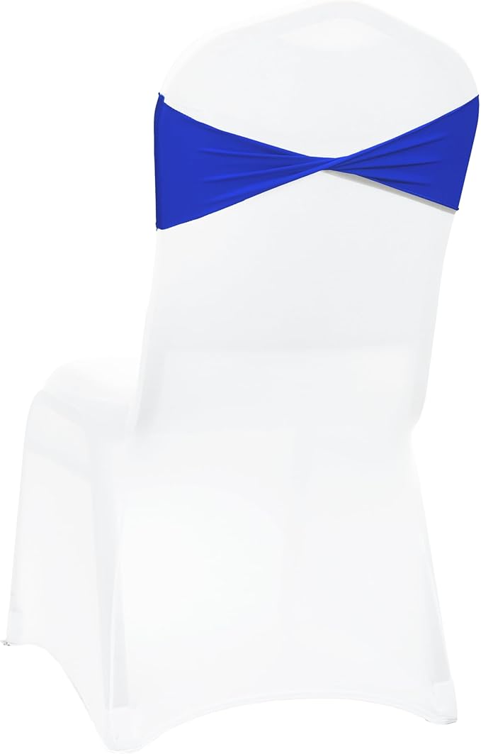 MDS Pack of 50 Spandex Chair Sashes Bows Elastic Stretch Dining Chair Bands Ties Without Slider Buckle Universal fits for Wedding Baby Shower Birthday Party Banquet Event Decoration - Royal Blue