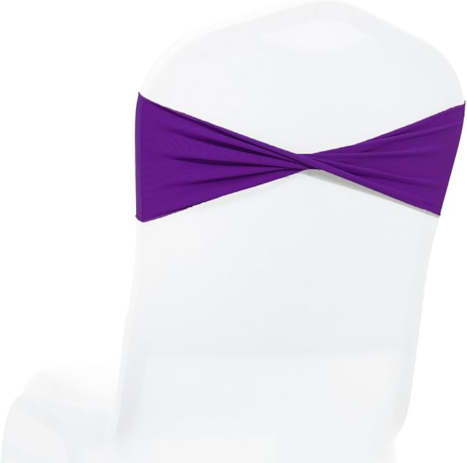 MDS Pack of 25 Spandex Chair Sashes Bows Elastic Stretch Dining Chair Bands Ties Without Slider Buckle Universal fits for Wedding Baby Shower Birthday Party Banquet Event Decoration - Purple