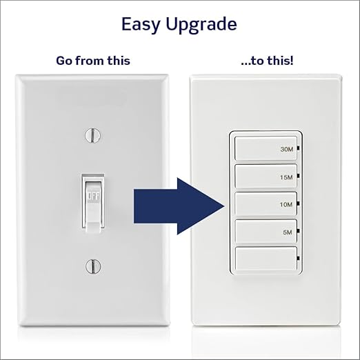 Leviton Countdown Timer Switch for Bathroom Fan and Household Lights,5-10-15-30 min,No Neutral Required,Single Pole,15A,1/2 HP/9.8A Fan/Motor,DT130-1LW,White,(Pack of 10)