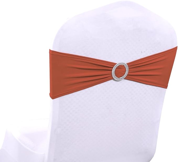 MDS Pack of 150 Spandex Chair Sashes Bows Universal fits Elastic Stretch Chair Bands Ties with Buckle Slider Bow for Wedding Decoration Spandex Slider Sashes Bow - Terracotta