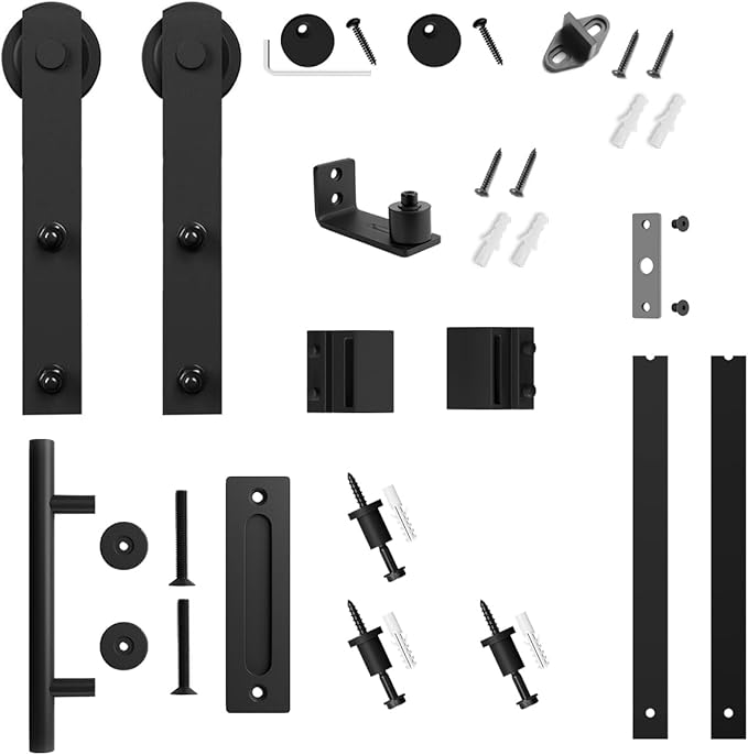 SMARTSTANDARD 4 FT Heavy Duty Sturdy Sliding Barn Door Hardware Kit, Black, (Whole Set Includes 1x Pull Handle Set & 1x Floor Guide) Fit 24" Wide Door Panel (I Shape Hanger)