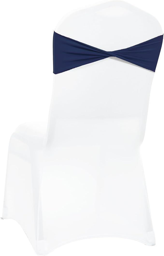 MDS Pack of 10 Spandex Chair Sashes Bows Elastic Stretch Dining Chair Bands Ties Without Slider Buckle Universal fits for Wedding Baby Shower Birthday Party Banquet Event Decoration - Navy Blue