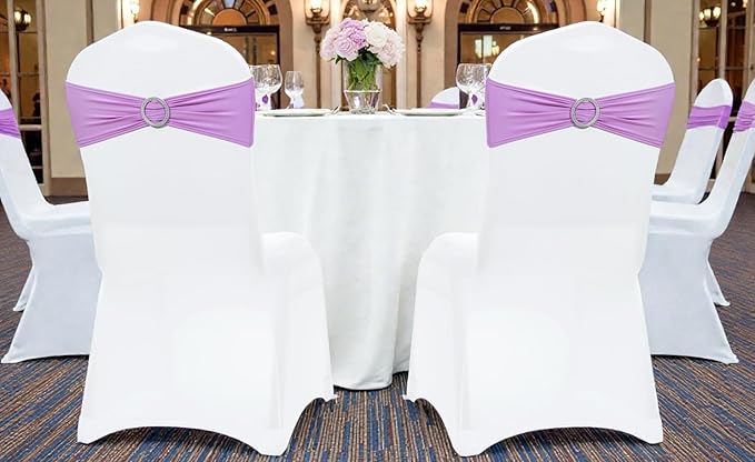 MDS Pack of 125 Spandex Chair Sashes Bow Universal fits Elastic Stretch Chair Bands Ties with Buckle for Wedding Party Banquet Events Decoration Spandex Slider Sashes Bow - Light Purple