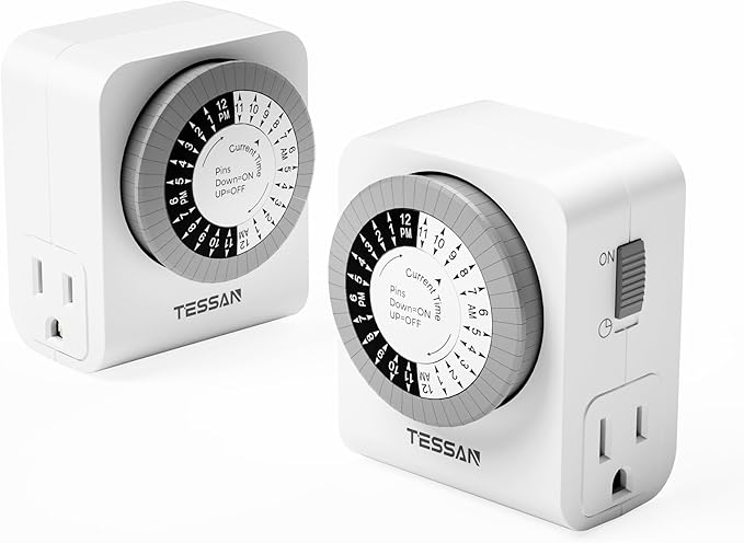 TESSAN Outlet Timer, Mechanical 24-Hour Light Timers for Electrical Outlets Indoor, Dual 3-Prong Sockets 30-Minute Intervals, for Lamps, Christmas Lights, Fans (2 Pack)