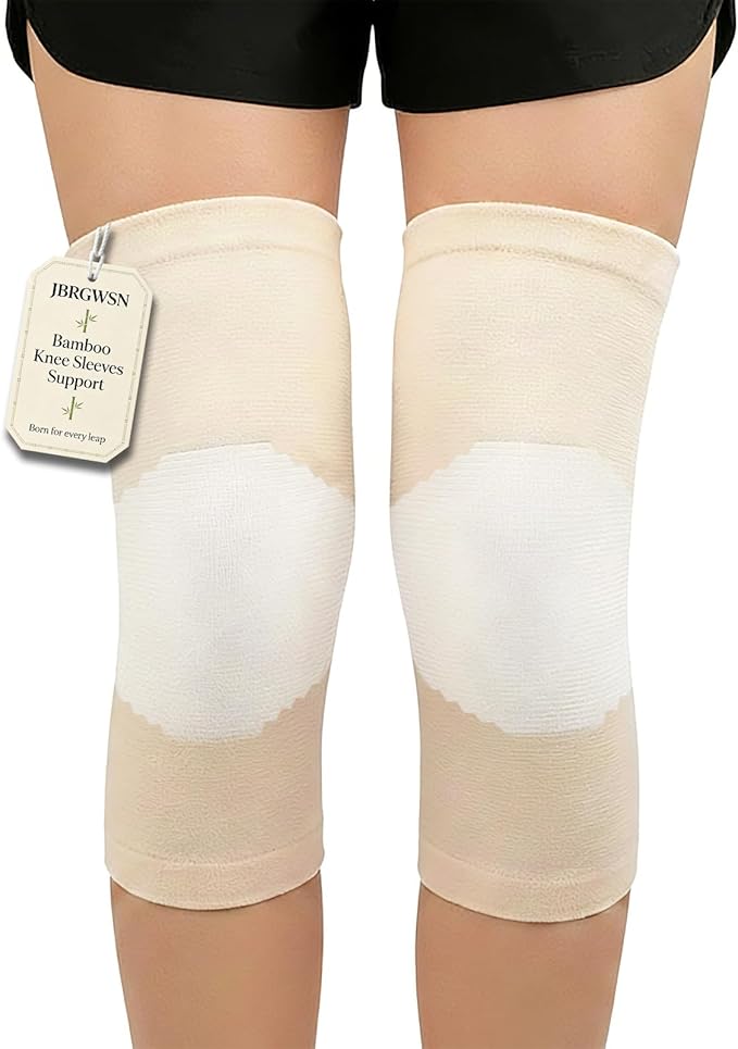 Knee Sleeves For Women Bamboo Pair Compression Leg Brace Pain Arthritis Plus Size Wraps Relief Running Sleeping Under Soft Elastic Vendas Para Rodillas Protector Gym Mujer Rodilleras Weightlifting(Beige,Large)