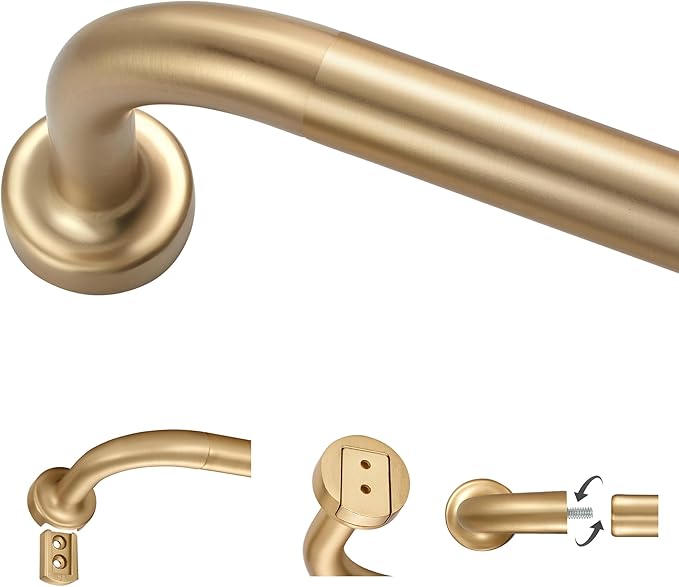 Warm Gold Curtain Rods for Windows 28 to 48",1 Inch Disc Wrap Around Curtain Rod with Aluminum Finials and Brackets,No Screw Disassembly Adjustable Blackout Curved Room Darkening Curtain Rod