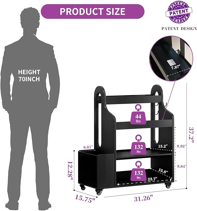 Home Gym Storage Rack Yoga Mat Holder with Wheels and Hooks, All in One Workout Storage for Yoga Mat, Foam Roller,Small Dumbbells, Kettlebel Gym Organizer Storage for Home Exercise(Wood)