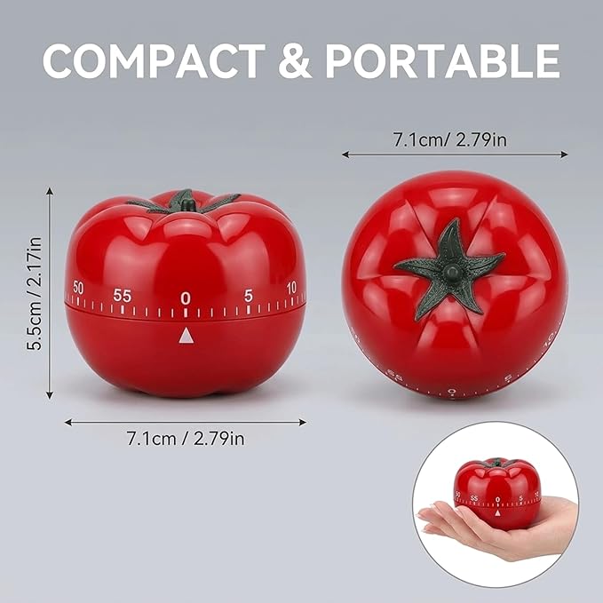Kitchen Timer, 60-Minute Mechanical Countdown Timer, Red Tomato Shape, Manual Wind-Up for Cooking, Baking, Study, Gym
