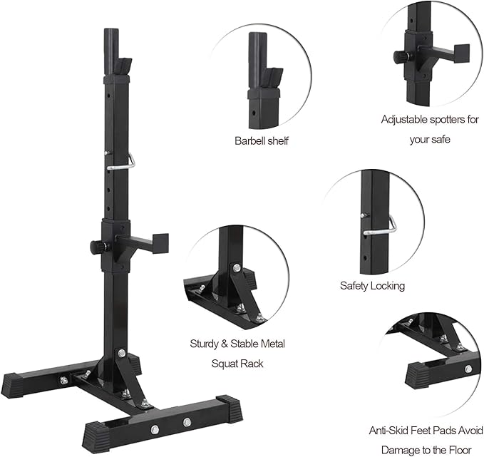 Adjustable Squat Rack Stand Barbell Bench Press Stands Rack Push Up 40"-66" Multi-Functional Sturdy Steel for Home Gym Max Load 550 lbs Portable Dumbbell Racks Stands, Black
