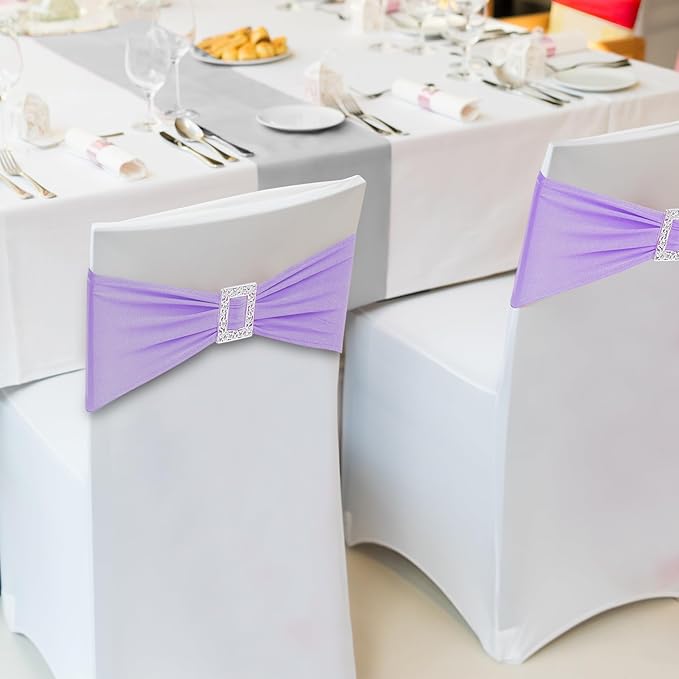 Joccun 30 PCS Spandex Chair Sashes Bows Stretch Chair Cover Band with Buckle Slider Universal Elastic Chair Ties for Wedding Banquet Party Event Decoration (Lavender)