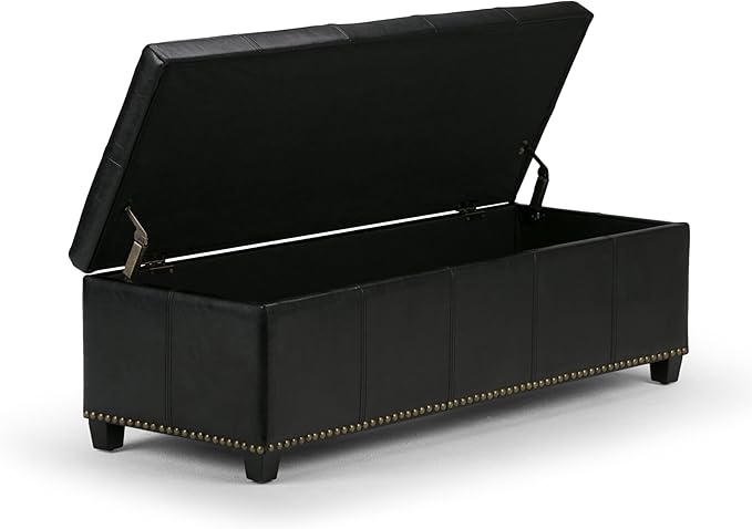 SIMPLIHOME Kingsley 48 inch Wide Transitional Rectangle Large Storage Ottoman in Midnight Black Vegan Faux Leather, Assembled, For the Living Room, Entryway and Family Room