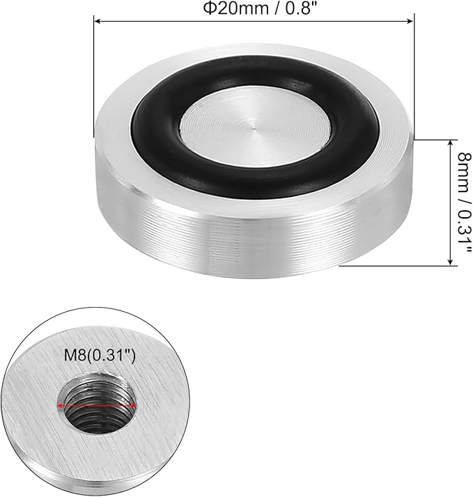 uxcell M8 Thread 20mm / 0.8" Dia 8mm Thick Aluminum Circle Disc Glass Top Adapter 4pcs Round Solid Table Feet Pad Plate Hardware with Anti-Slip Rubber Ring