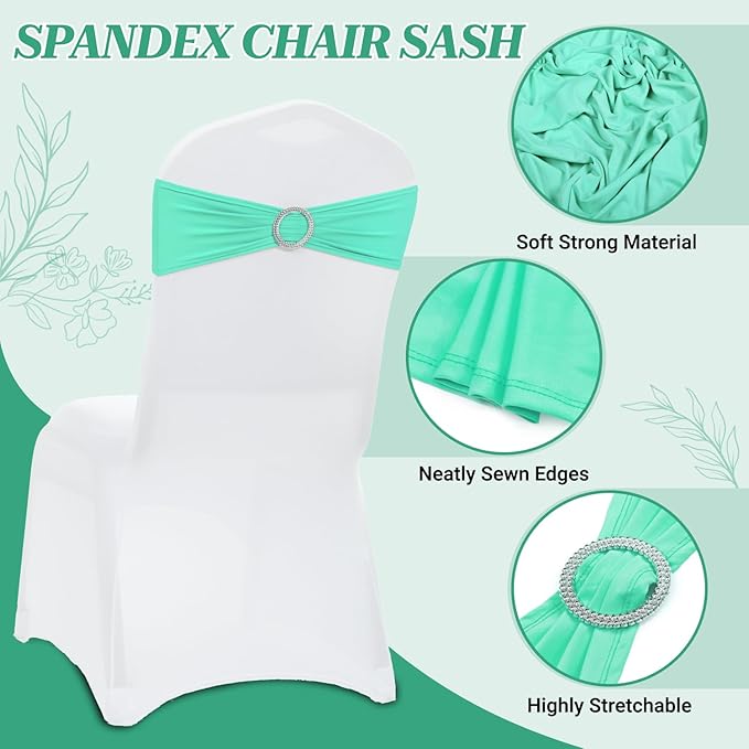 MDS Pack of 25 Spandex Chair Sashes Bow Premium Stretch Chair Cover Band with Buckle Slider Universal fits Elastic Stretch Chair Ties for Wedding Party Banquet Events Decoration - Sea Green