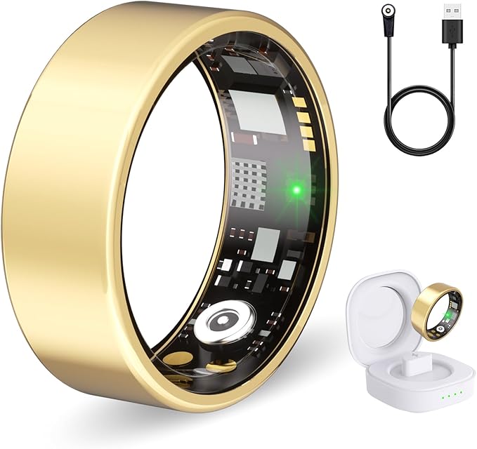 Smart Ring Health Tracker for Women & Men, Fitness Ring with Heart Rate Blood Oxygen, Sleep Monitor, Step Tracker, IP68 Waterproof Compatible with iOS & Android, No Subscription Fee (Gold, 11)