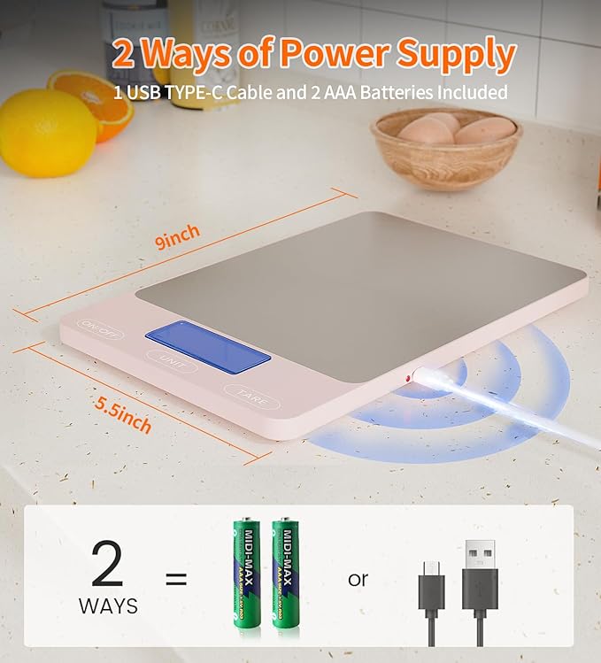 Food Scale -33lb Digital Kitchen Scale for Food Ounces Grams Rechargeable 306 Stainless Steel,Batteries and Type-C Charging | Perfect for Meal Prep, Cooking, and Baking, Pink