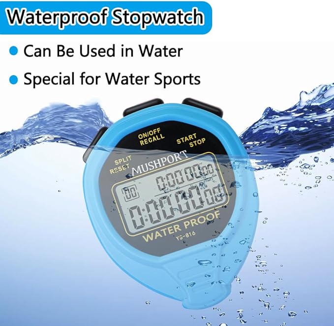 Waterproof Stopwatch Timer 30 Laps/Splits Only Stopwatch Mode, ON/Off Silent Memory Recall Large Display Simple Operation, Digital Stop Watch for Sports Coaches, Blue